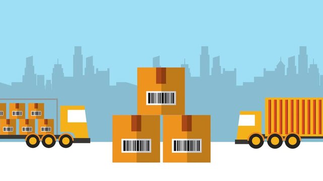 Logistics and shipping concept animation with delivery trucks and cardboard boxes on city skyline background.