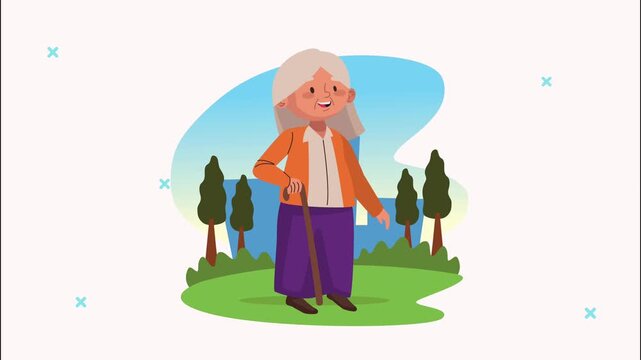 Elderly woman standing in a park with walking stick, happy and smiling, animated character.