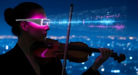 Fototapeta premium Futuristic Musician Wearing Augmented Reality Glasses Playing Violin