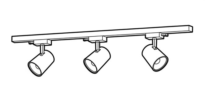An illustration of a track lighting system with three adjustable spotlights mounted on a long bar