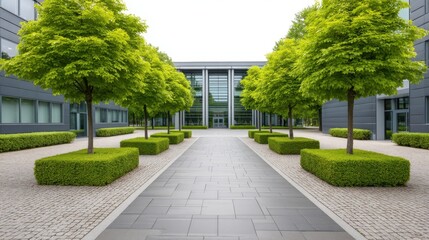 Fototapeta premium Serene Modern Courtyard Surrounded by Lush Green Trees and Hedges in an Urban Environment