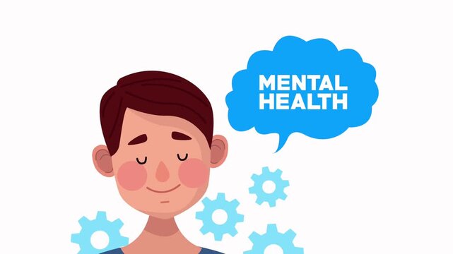 Young boy thinking about mental health with gears and speech bubble motion graphics.