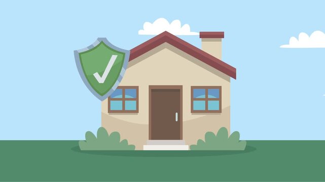 Animation of cartoon house with security shield and checkmark icon for real estate protection.