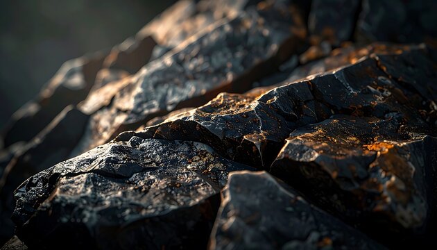 Dark rugged rocks with orange lichen.