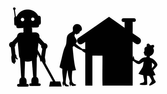 Futuristic robot helping family with household chores and home maintenance