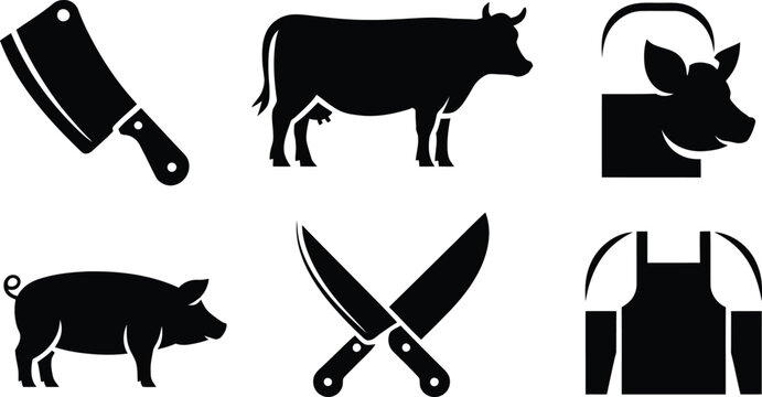 Farm animals and butchery tools silhouettes collection with silhouette butchery collection livestock agriculture