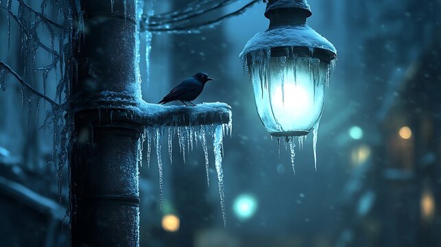 A captivating winter scene featuring a perched crow beside an ice-covered lamppost