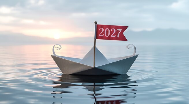 Origami paper boat sailing on calm water with red flag showing year 2027, symbolizing future journey and upcoming year expectations.