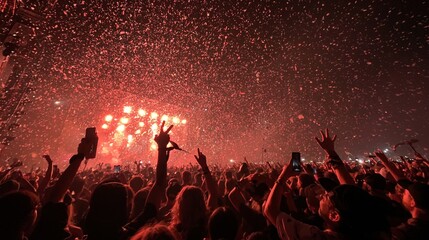 Fototapeta premium Energetic crowd enjoying a vibrant concert with red lights and falling confetti