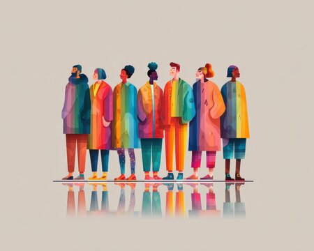 Stylized illustration of a diverse community standing together. Modern flat art concept for diversity, equity, inclusion (DEI), and LGBTQ+ pride alliance.