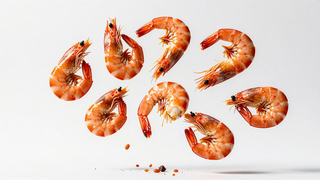 Assortment of Cooked Shrimp Falling in Air