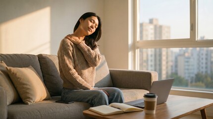 Woman Stretching Neck After Long Day Working From Home