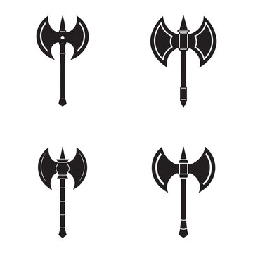 Four black silhouettes of double headed axes with handles on white background  medieval weapon icons