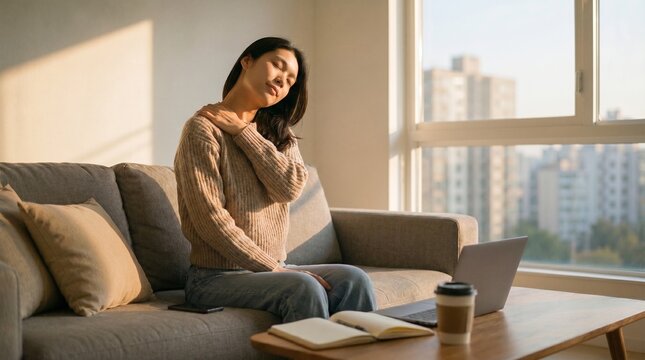 Woman Stretching Neck After Long Day Working From Home