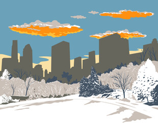 Naklejka na ściany i meble WPA poster art of Central Park during winter between the Upper West Side and Upper East Side of Manhattan in New York City, USA done in works project administration or federal art project style.