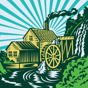 Illustration of a house with watermill near  river with sunburst in the background done in woodcut retro style. 
