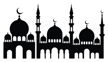 Silhouette of a grand mosque with domes and minarets, adorned with crescent moons © Sultana