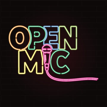 Neon Open Mic sign with microphone icon, glowing retro typography on dark brick wall, colorful electric light display for comedy club or karaoke bar