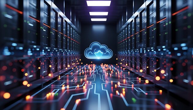 Modern data center server room with glowing cloud symbol and circuit board pattern technology concept digital transformation and cloud computing infrastructure high tech modern office.