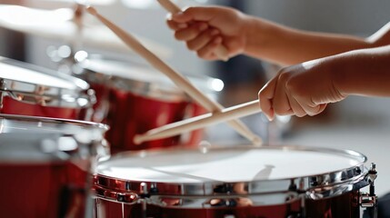 Obraz premium Close-up of Hands Playing Red Drum Kit with Drumsticks, Capturing Musical Rhythm and Practice
