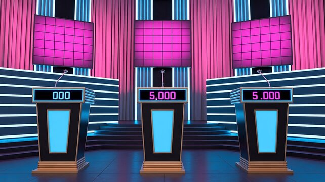 Game show stage set with three podiums and large screens for trivia competition vibrant lighting and tiered seating arrangement for broadcast entertainment television studio.