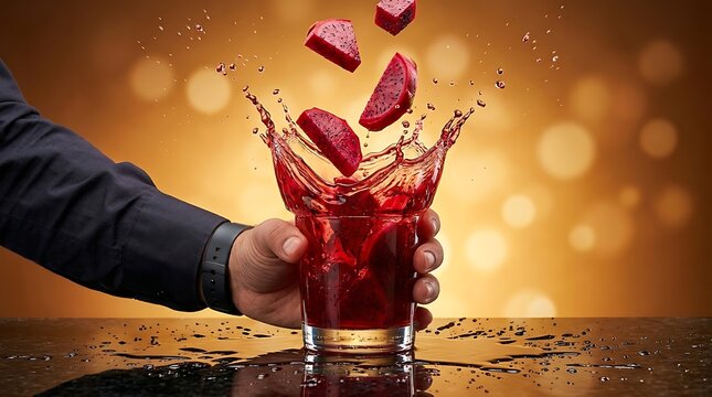Tangan pria menjatuhkan buah naga ke gelas jus dengan percikan dramatis melambangkan kreasi minuman artistik serta kesegaran rasa buah alami