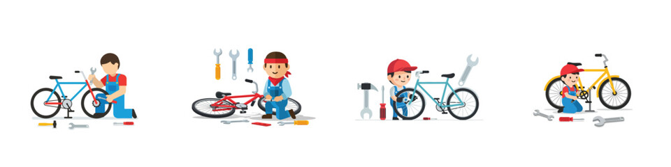 Fototapeta premium Simple flat vector scene of a little mechanic repairing a bicycle with tools, minimal style, white background, no outline.