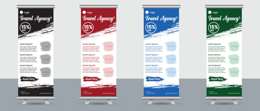 Roll-up banner template design for travel agency. Vector template design of roll-up banner in black, red, blue and green colors for modern travel business agency. Standee roll-up banner design.