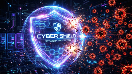 Fototapeta premium Digital Cyber Shield Network Protection Against Viruses and Malware Attacks Concept
