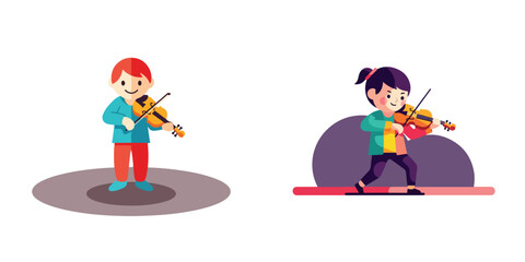 Fototapeta premium Flat vector design of a child musician playing a violin on stage, simple character composition, no outline, white background.