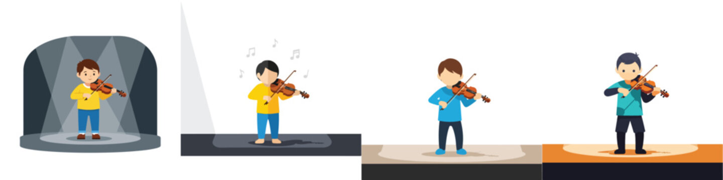 Flat vector design of a child musician playing a violin on stage, simple character composition, no outline, white background.