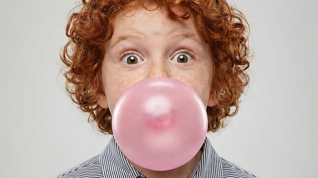 Surprised redhead boy with curly hair blowing a large pink bubble gum ball, looking with wide eyes in amazement and wonder