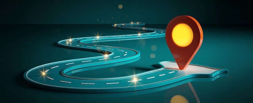 Winding road with glowing lights and map pin marker symbolizes travel destination and journey start on dark background illustration.