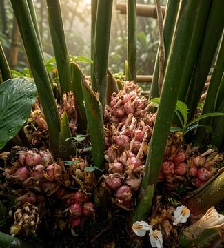 Fresh Indonesian Cardamom Clusters Growing at the Base of Green Stalks in Tropical Jungle Plantation