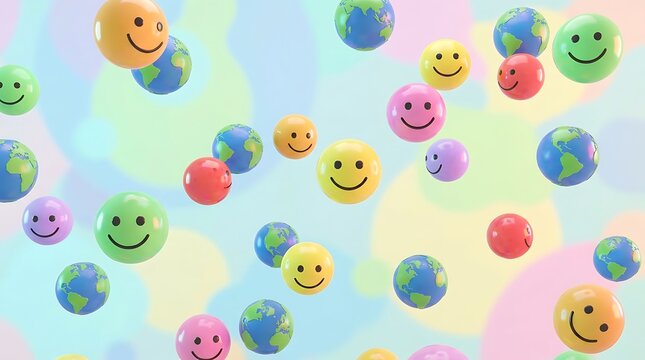 A vibrant array of cheerful 3D smiley faces and miniature Earth globes gently float against a soft, pastel-colored background, symbolizing global happiness and positive connections
