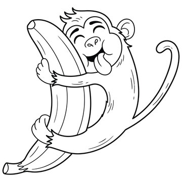 Happy cartoon monkey hugging a big banana with eyes closed.