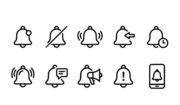 Modern bell notification outline icon collection with editable stroke and pixel perfect grid design