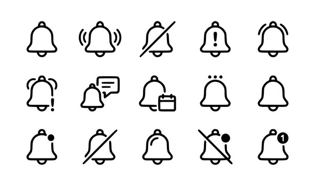 Bell notification editable stroke outline icons set with alert and reminder symbols vector illustration
