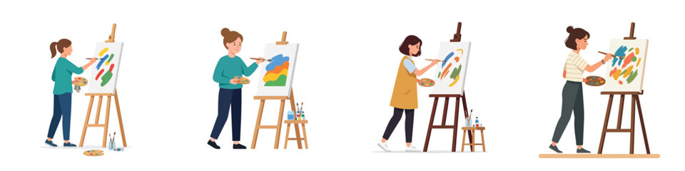 Fototapeta premium Minimal flat vector design of a young artist painting on a canvas with colorful brushes, clean composition, white background.