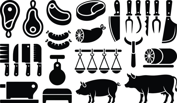 Extensive butcher and meat icons set with scales knives various meats illustration collection equipment culinary