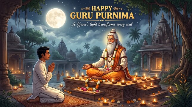 Image is a digital illustration with a spiritual theme, featuring a serene night scene. In the center, an elderly guru with a long white beard and hair, wearing traditional orange and white robes, sit