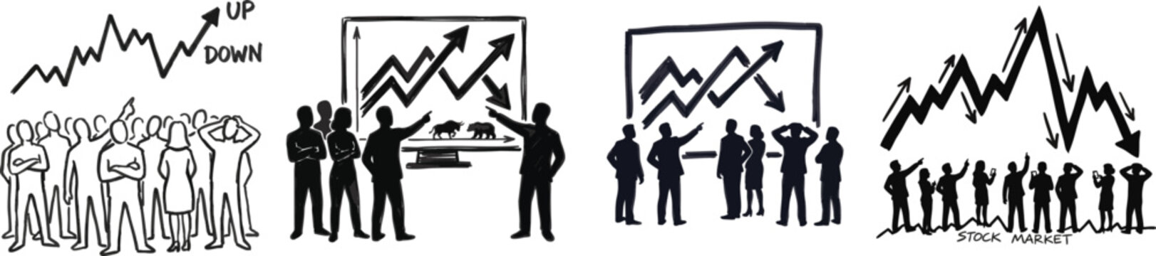 silhouette Illustration made with marker of people watching as the stock market goes up and down, vector isolated  set on white
