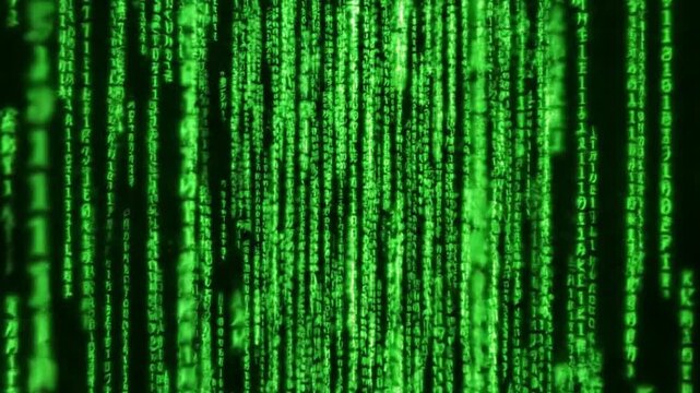 Green digital rain of binary code on black background, abstract technology background