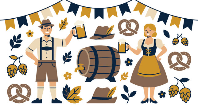 Oktoberfest Celebration with Traditional German Beer and Food Festive Atmosphere with Pretzels and Hops Bavarian Culture Symbol