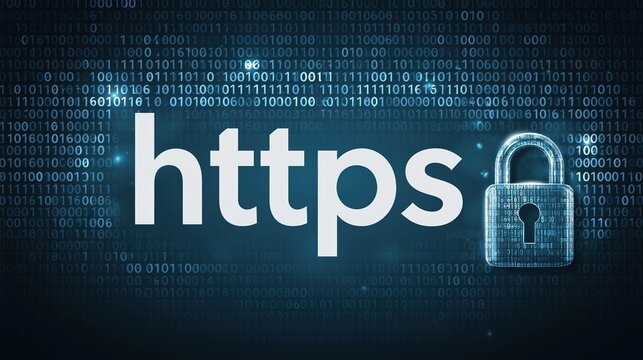 Secure HTTPS connection icon and padlock symbol against a backdrop of binary code representing digital security