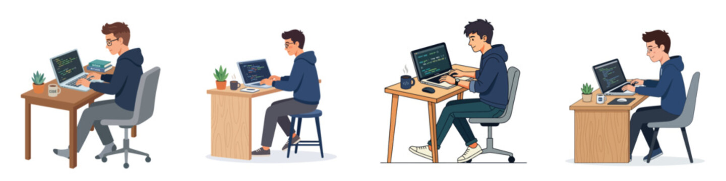 Flat vector illustration of a young programmer typing on a laptop, minimal modern look, white background.