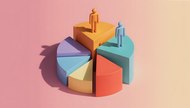Three dimensional infographic pie chart featuring diverse sections with two human figurines standing on top representing market demographics and business data.