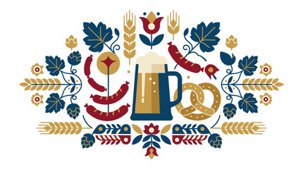 Obraz premium Festive beer festival emblem with hops wheat and pretzel symbolizing traditional German Oktoberfest celebrations and craft beer culture with floral patterns Vector Illustration