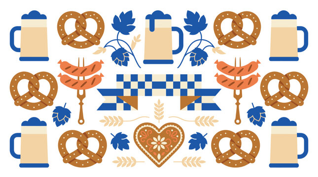 A festive arrangement of traditional German beer festival symbols including pretzels steins hops and wheat forming a lively pattern perfect for Oktoberfest celebrations and Bavarian culture representa
