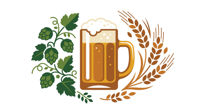 A foamy beer mug surrounded by hops and wheat symbolizing brewery ingredients and craft beer production process. Vector Illustration